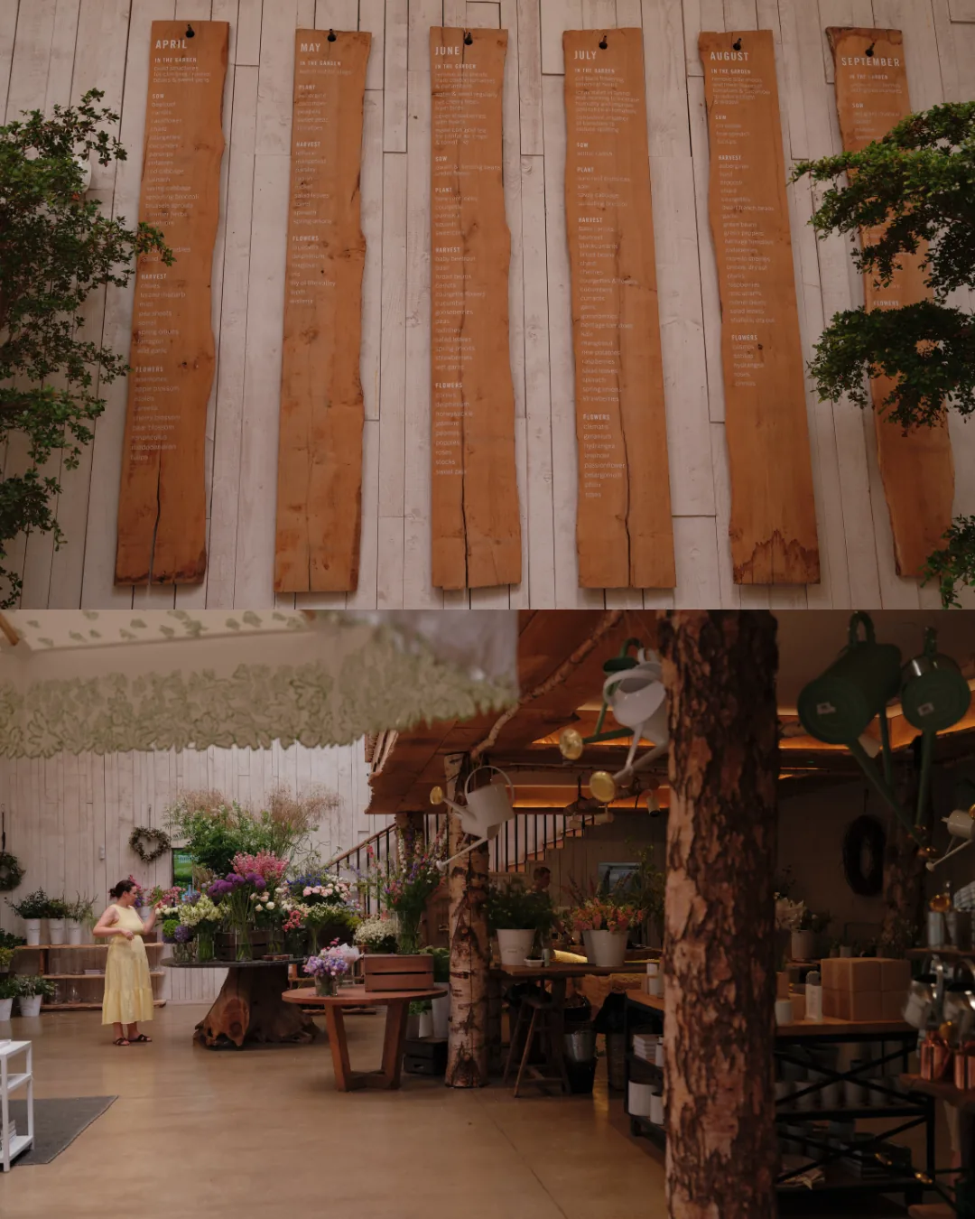 Planting calendars on the wall, and the flower room at Daylesford