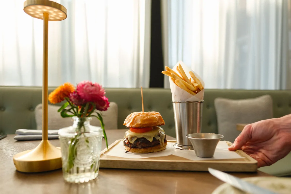 Lunch served on a wooden tray in the dining room