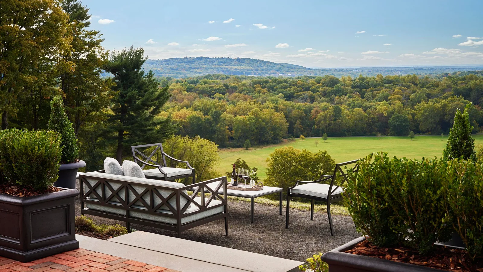 The terrace at Pendry Natirar, looking out over the estate